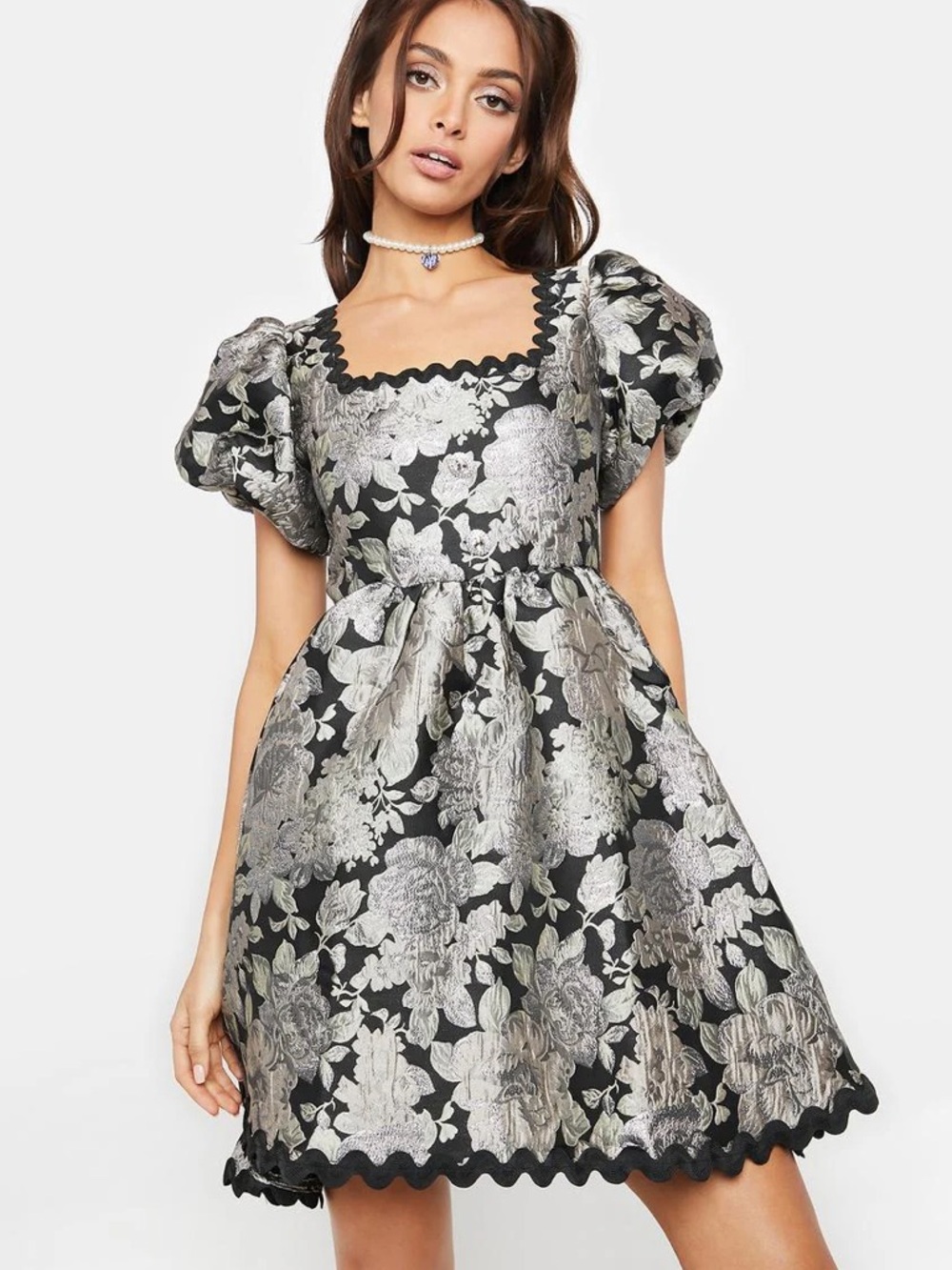 Sister Jane Black & Silver Floral Jacquard Puff-Sleeve Mini Dress